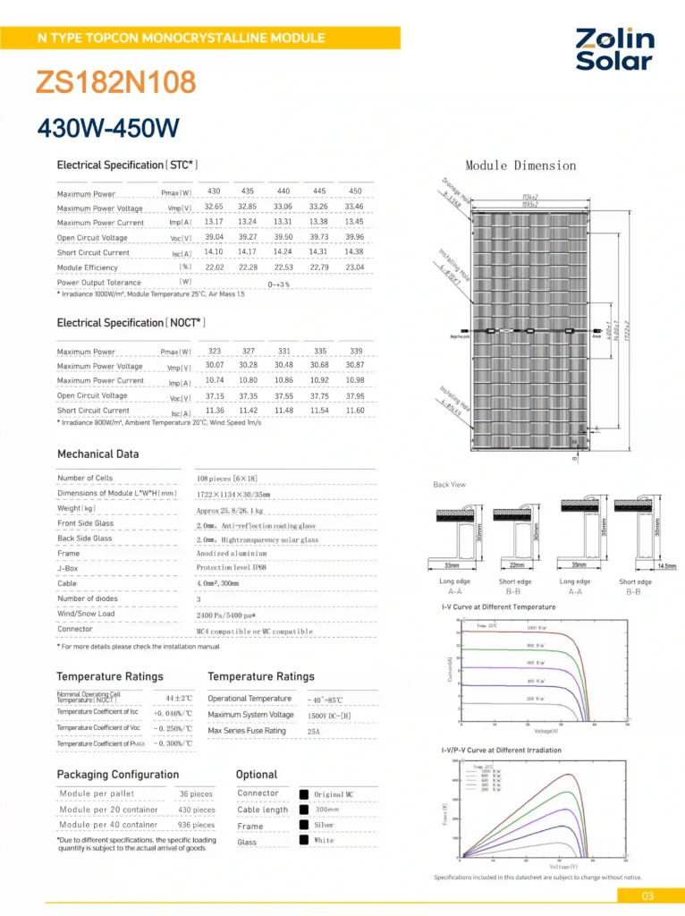 450W PV module datasheet performance parameters brochure page 2