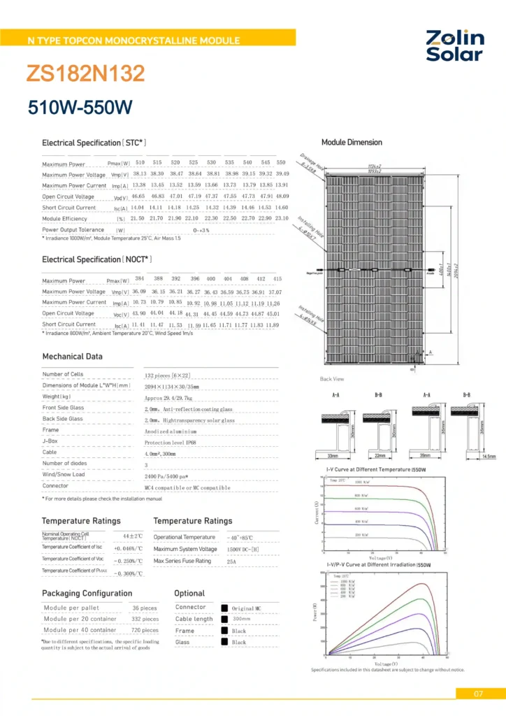 550W 182N132 solar PV module datasheet mechanical and electrical specification page 2