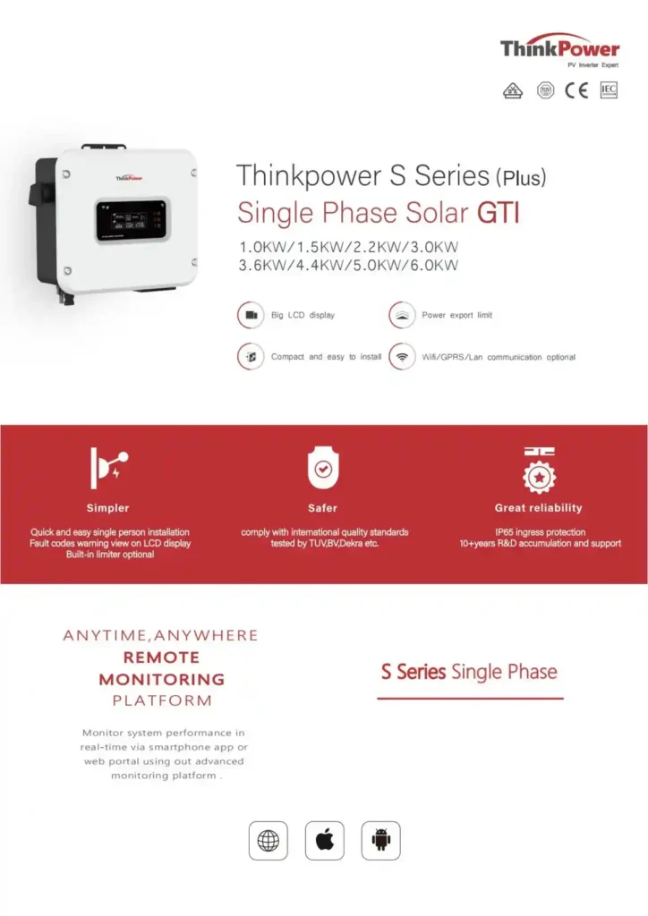 Thinkpower 3kW 5kw 6kw plus solar inverter datasheet technical specification page 1