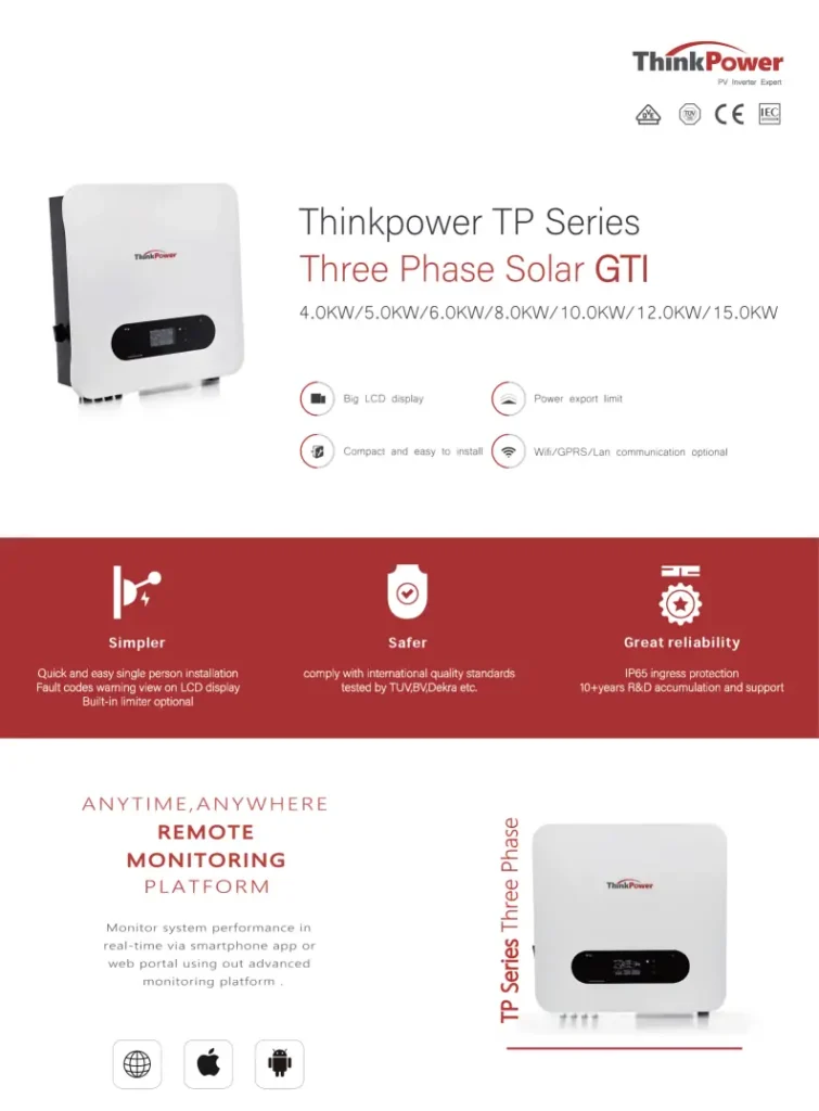 Thinkpower 10kW three phase solar inverter datasheet, technical specification for grid tie PV system