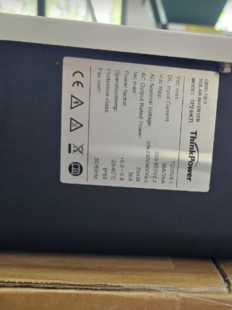 Thinkpower 25kW three phase solar inverter nameplate label with CE certification