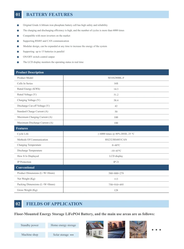 15KWh floor mounted energy storage battery datasheet specification table and features