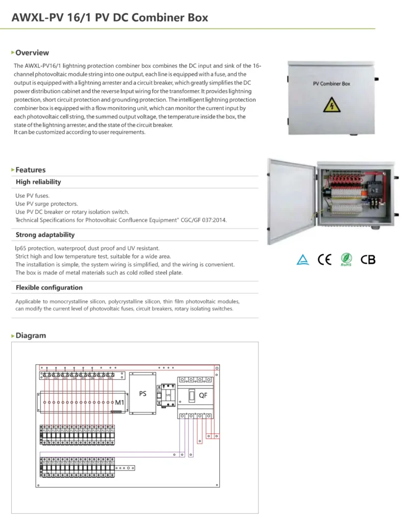 16-1 PV DC combiner box datasheet with CE CB certification