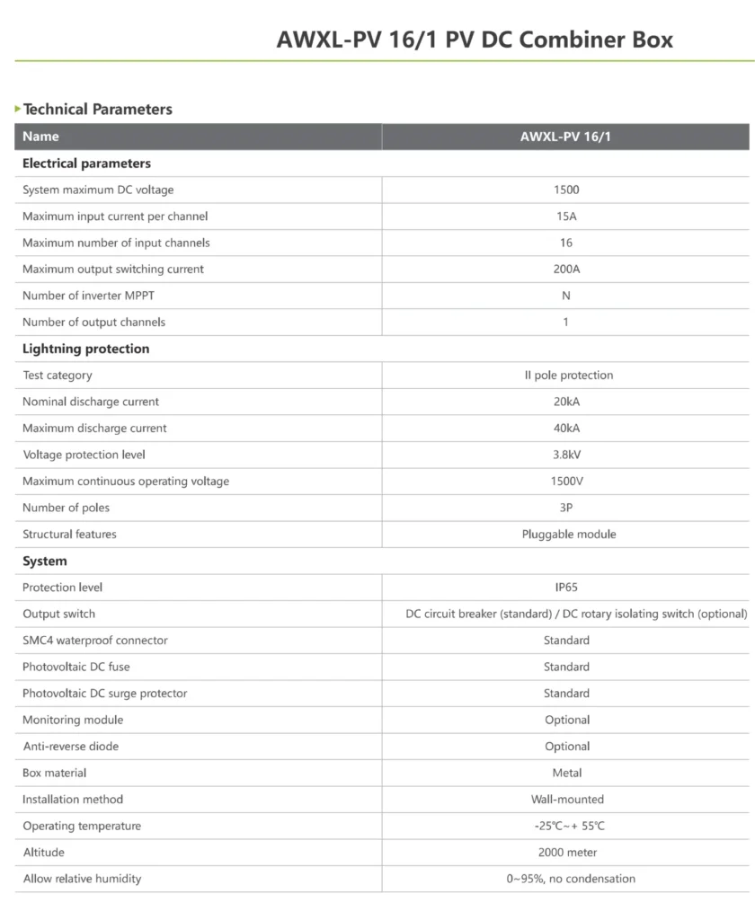 16-1 PV DC combiner box datasheet technical parameter table