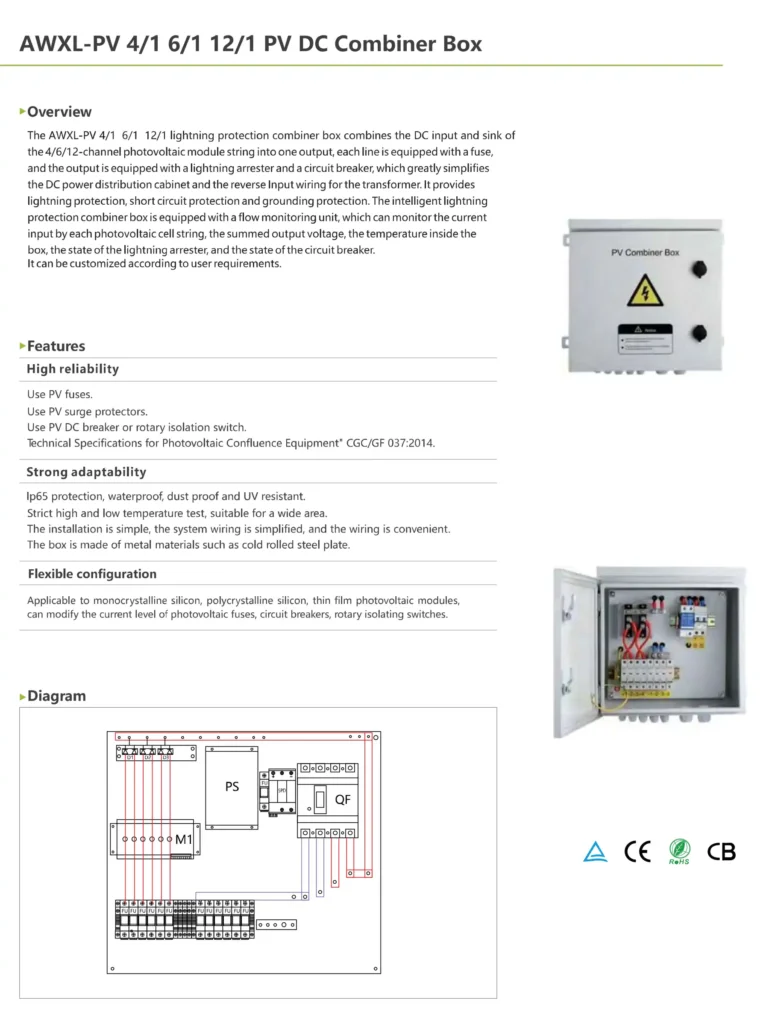 4/1 6/1 12/1 PV DC combiner box datasheet with wiring diagram