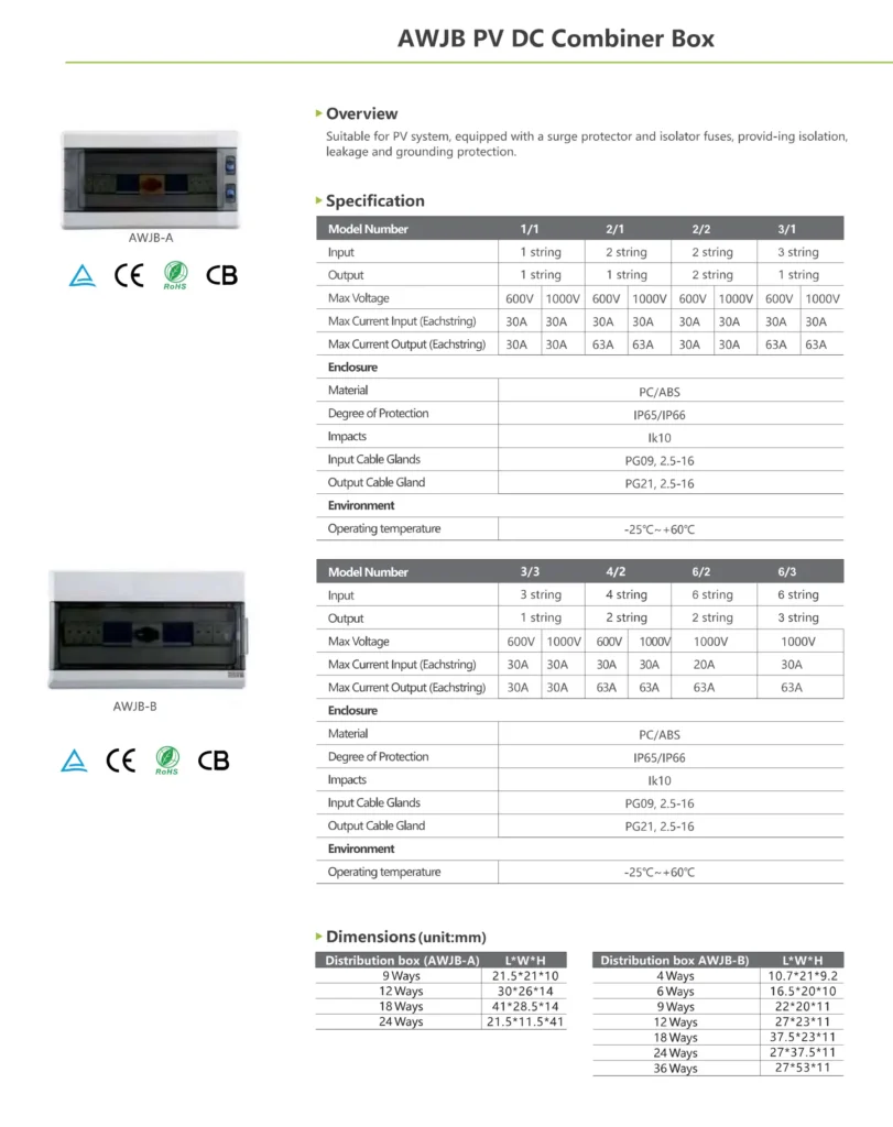 PV DC Combiner Box datasheet with CE CB certification specifications