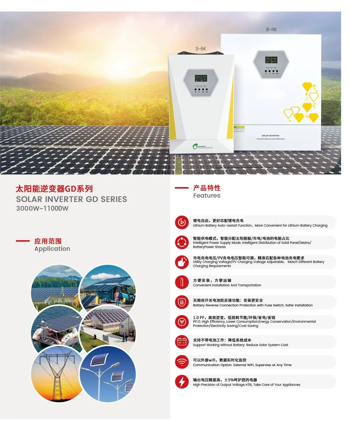 Techfine 3KW-11KW hybrid off-grid solar inverter brochure, product overview and application scenarios