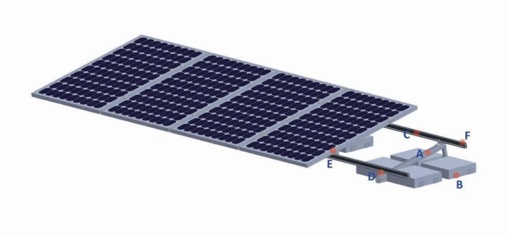 Ballasted solar panel mounting system render for flat concrete roof, non-penetration pv bracket with concrete weights