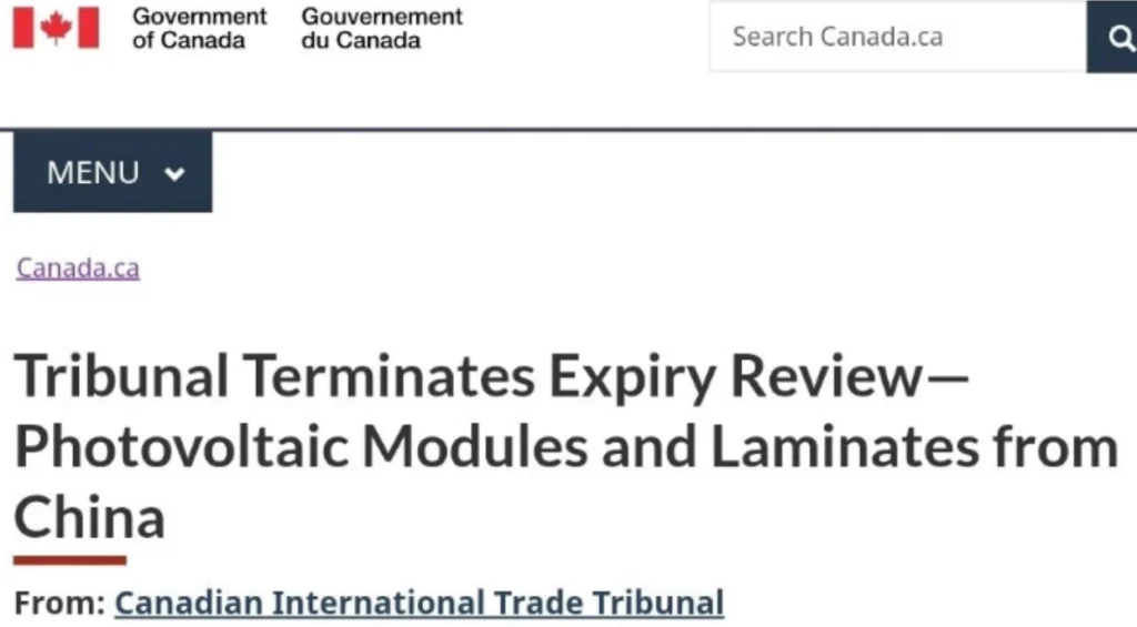 Canadian International Trade Tribunal notice terminating AD CVD duties on Chinese photovoltaic modules