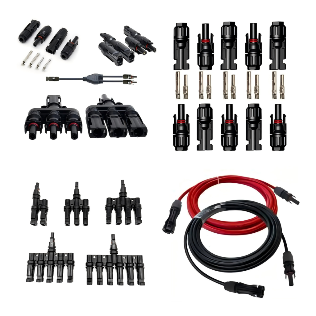 Full set solar pv connectors and pre-assembled pv extension cable, various Y branch connectors and straight pv connectors for solar panel wiring