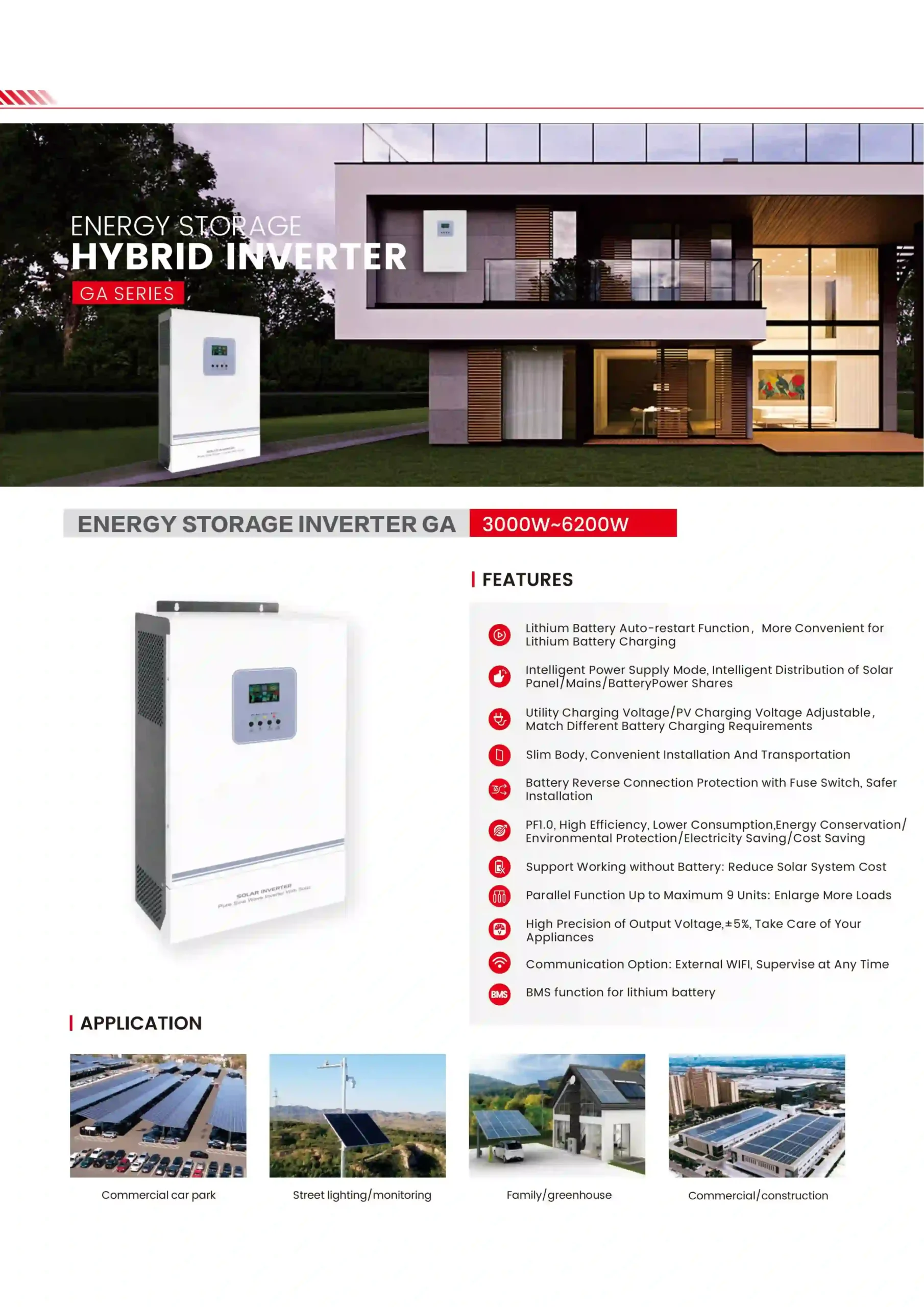 GA 3000~6200W hybrid solar inverter datasheet specification table
