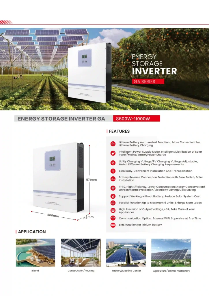 GA 8600~11000W hybrid inverter brochure features and application scenes