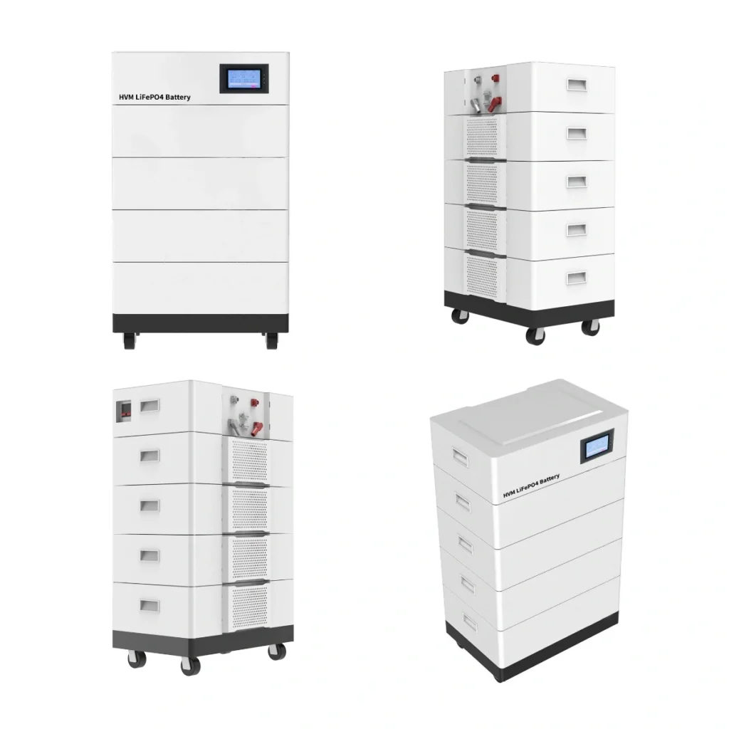 Multi view of HVM stackable high voltage LiFePO4 battery, modular home energy storage battery multiple angles rendering
