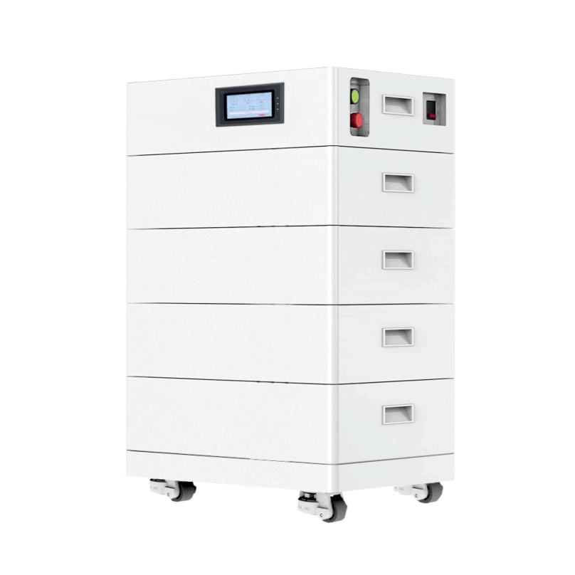 HVM high voltage stackable LiFePO4 battery single unit render, modular home solar storage battery with touch screen and wheels