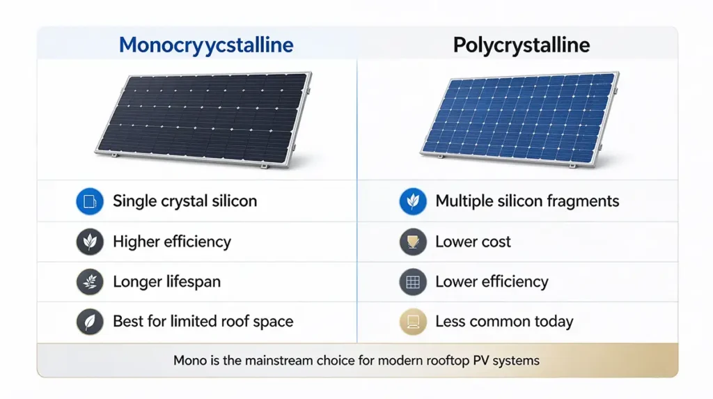 Monocrystalline vs Polycrystalline solar panel comparison chart, efficiency, lifespan and material differences