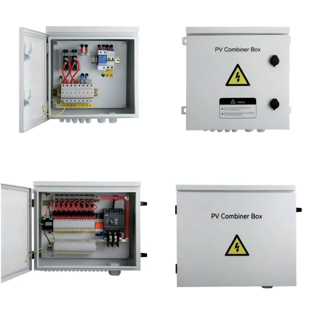PV DC combiner box real product collage, inside and outside view