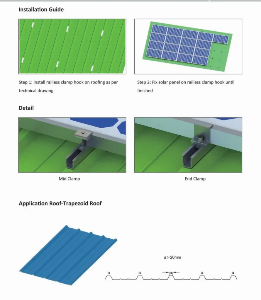 railless roof solar mounting, solar panels installed on corrugated metal roof with rail-free clamps