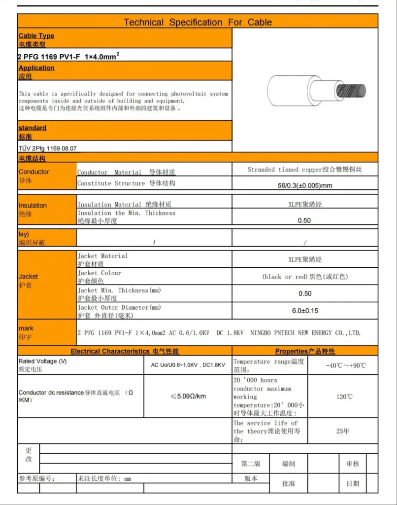 4mm² solar PV cable technical datasheet, electrical and physical parameters for photovoltaic DC wire