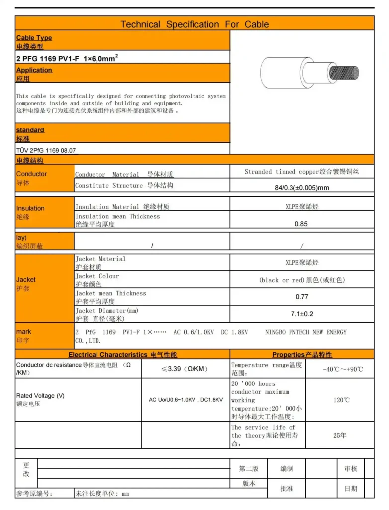 6mm² solar PV cable technical datasheet, electrical and physical parameters for photovoltaic DC wire