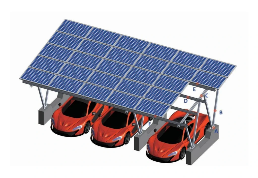 3D render solar carport mounting system, solar panel canopy for 3 cars parking lot, aluminum pv car shelter