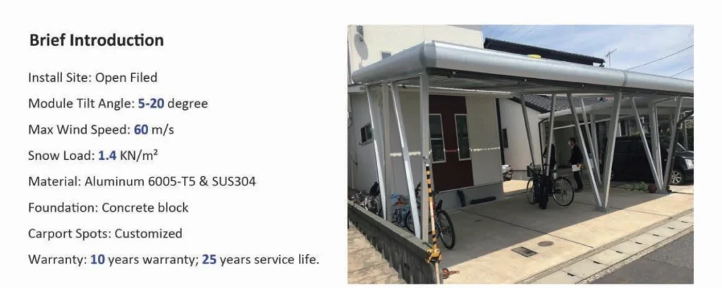 Solar carport mounting system real project photo with specification introduction, aluminum pv carport structure for parking lot