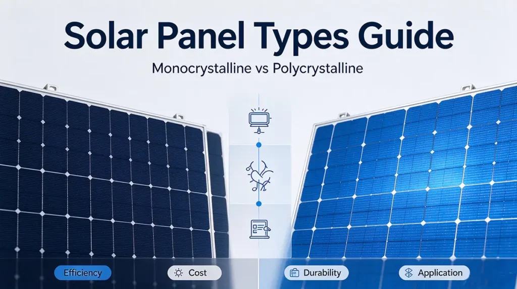 Solar Panel Types Guide, Monocrystalline vs Polycrystalline solar panel comparison banner for rooftop PV system