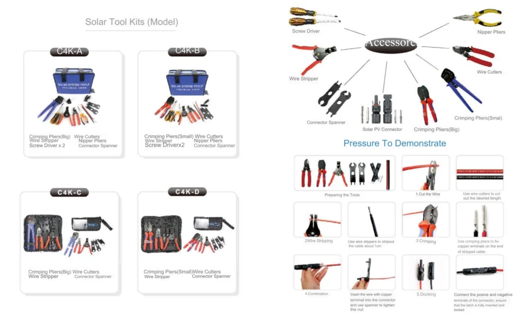 Solar PV installation tool kit catalog, pv crimping tools, stripping pliers and full set wiring tools for pv connector assembly
