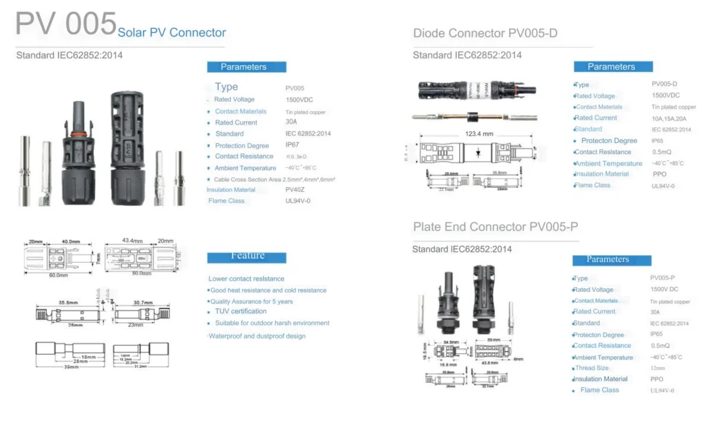 PV005 standard solar pv connector catalog, straight and branch pv connector specifications
