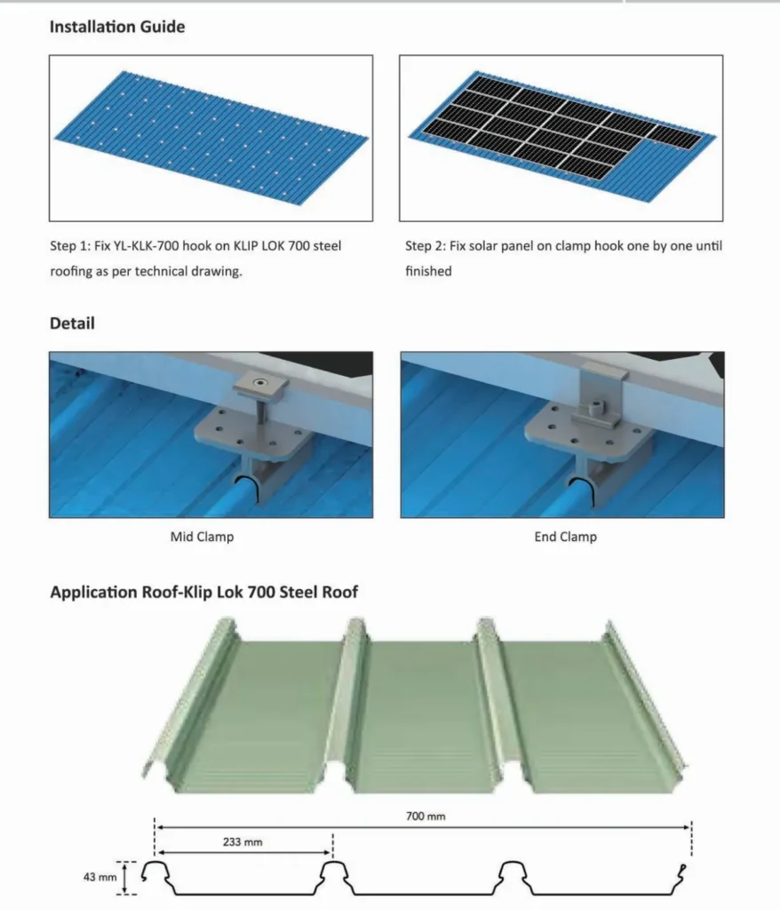 Standing seam roof solar mounting installation guide, dimension drawing for metal roof PV clamp system