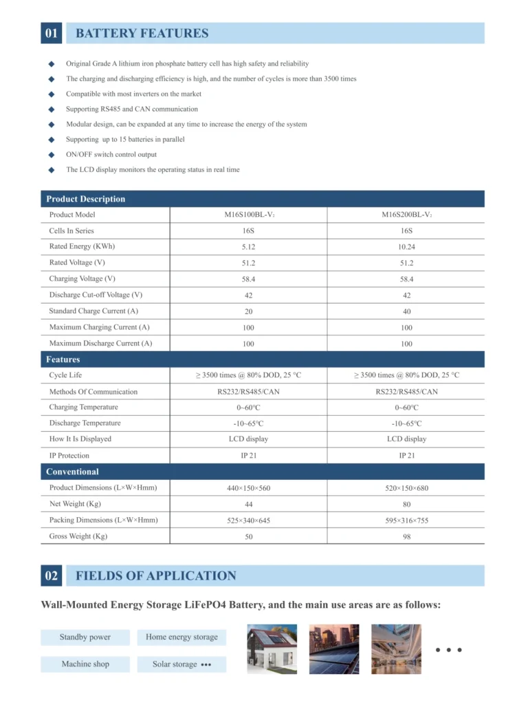Wall mounted 5kWh 10kWh LiFePO4 energy storage battery specification datasheet, home solar storage battery parameter table

