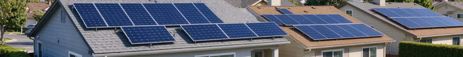 Residential rooftop solar panel system installed on suburban house roofs, home photovoltaic power system